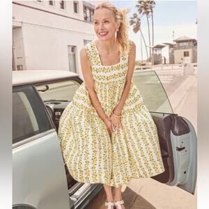 Anthro Helena Lemon Square-Neck Dress Yellow Motif